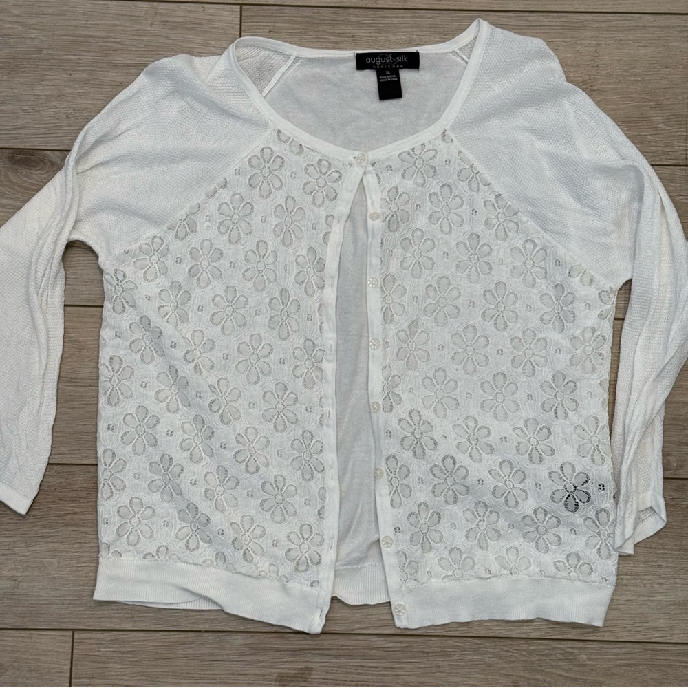 August Silk White Cotton Modal Floral Lace Button Cardigan Crewneck Size XL‎ EUC